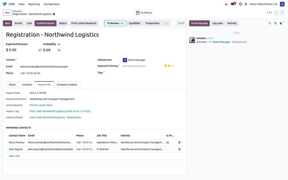 Reviewing an imported lead